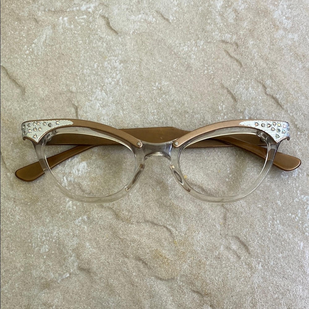 Brown and Clear Cat-Eye Glasses with Rhinestones